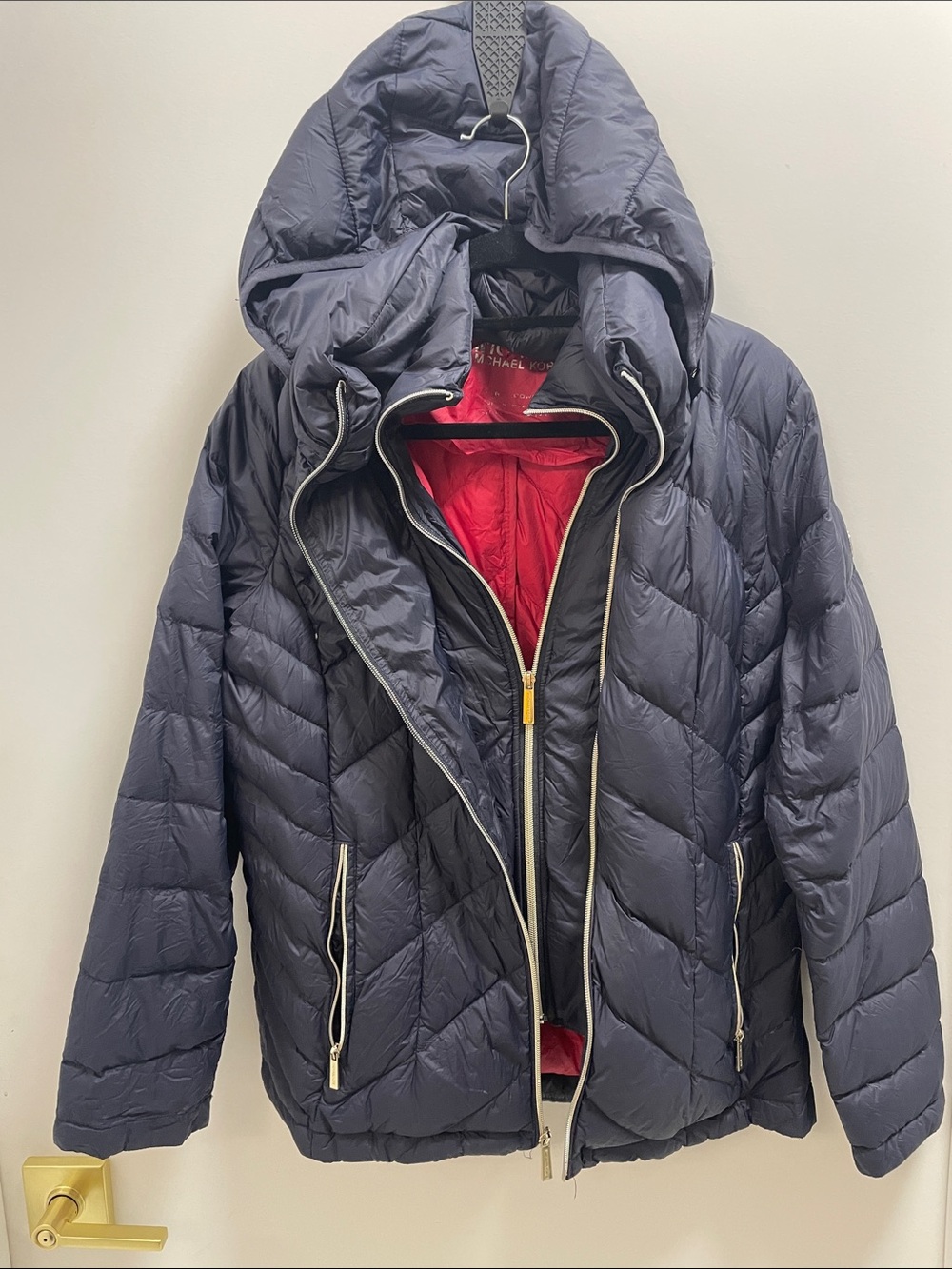 Michael Kors Navy Quilted Puffer Jacket with Red Lining
